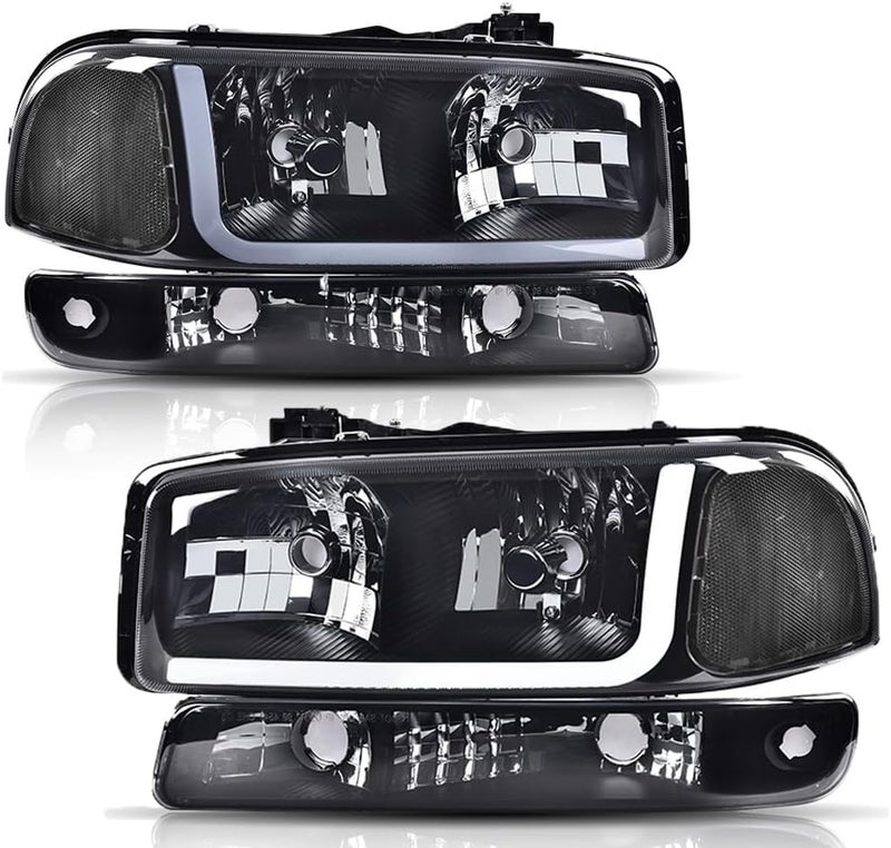 PIT66 LED DRL BAR Headlights Assembly, Compatible with 1999-2006 GMC Sierra /2000-2006 GMC Yukon, Headlamps Smoky Lens Black Housing Clear Reflector - Image 1